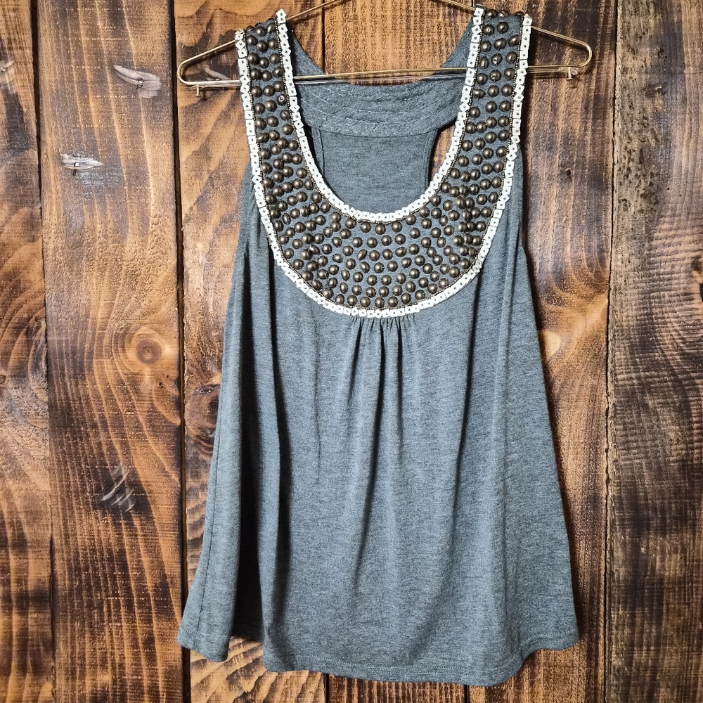Boho Beaded Tank Top Gray Embellished Bib Neck Sleeveless Blouse Women’s Medium